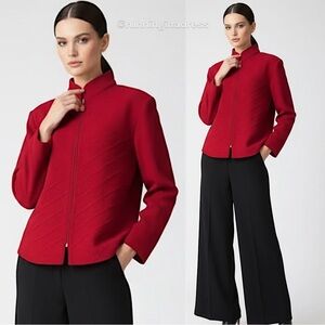 St. John Knits Garnet Red Wool Blend Santana Knit Tonal Stitched Jacket Size 12